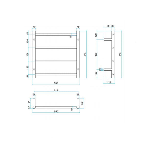 Thermogroup 4-bar round heated towel rail technical drawing, 550mm brushed stainless steel, front and side views with dimensions
