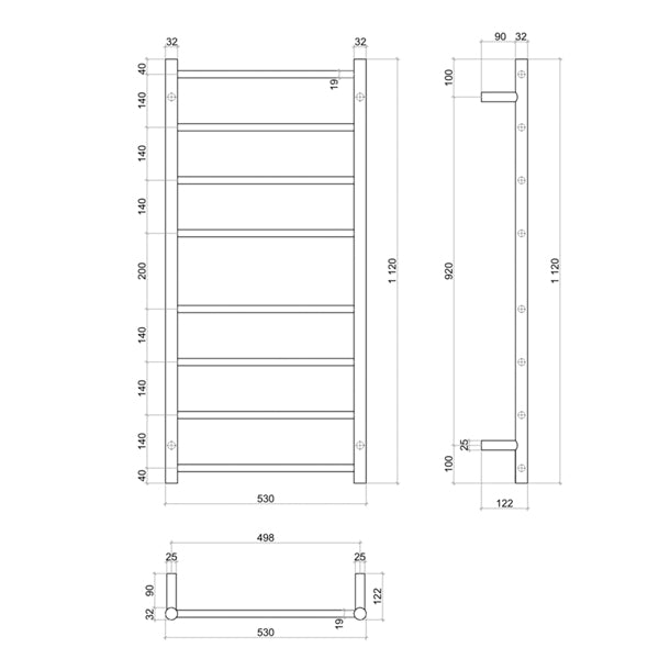 Technical drawing of Thermogroup 8 bar heated towel ladder in brushed stainless steel, showing 530mm width and 1120mm height with dimensions.