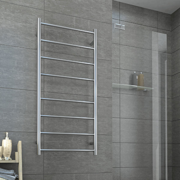 Thermogroup 8 bar brushed stainless steel heated towel ladder, wall mounted in a modern bathroom