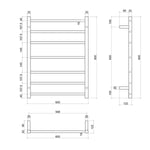 Technical drawing of Thermogroup 7-bar heated towel rail in brushed stainless steel, showing 600mm x 800mm dimensions.
