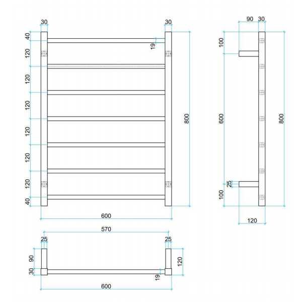 Technical drawing of Thermogroup Straight Square Ladder Heated Towel Rail, 600mm wide, 7 bars, square stainless steel