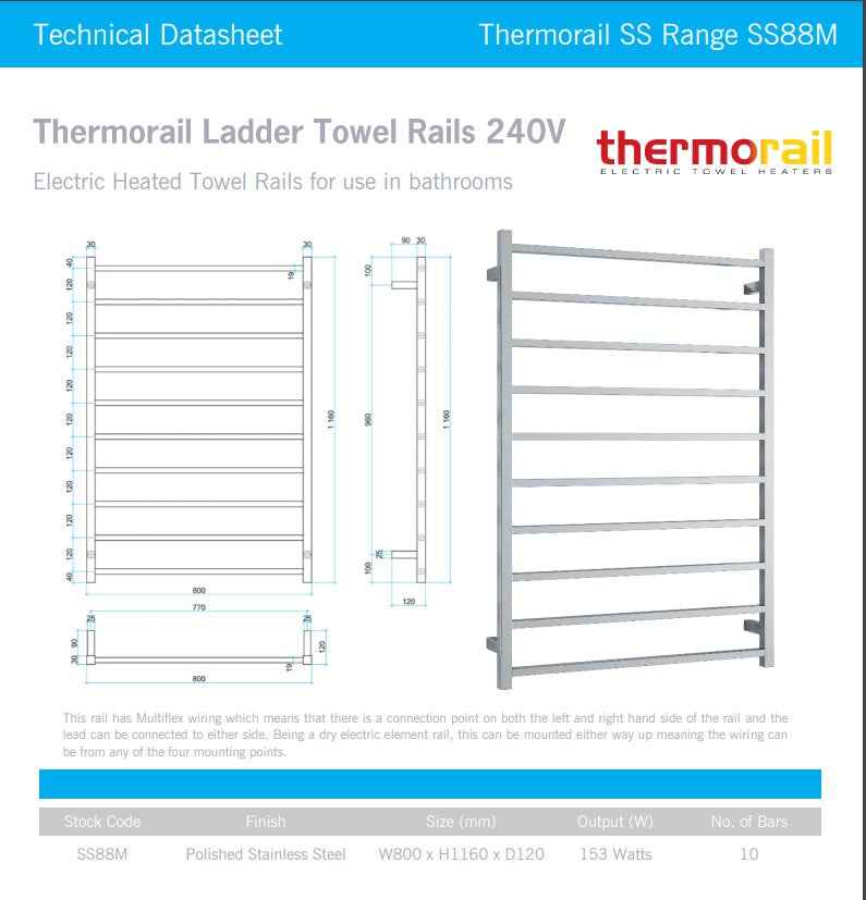 Thermorail SS88M polished stainless steel 10-bar heated towel ladder, straight square design, technical datasheet with dimensions, front view and diagram