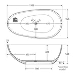 Fienza Bahama 1500mm freestanding bath technical drawing, matte white oval stone bath with dimensions and overflow detail