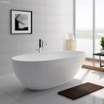 Fienza Bahama matte white oval freestanding stone bath in a modern bathroom setting