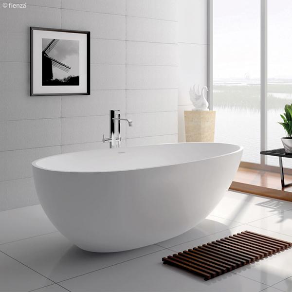 Fienza Bahama matte white oval freestanding stone bath in a modern bathroom setting