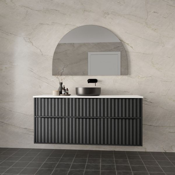 Marquis Salamander wall hung vanity in black, with ribbed front, white top and round basin, bathroom setting