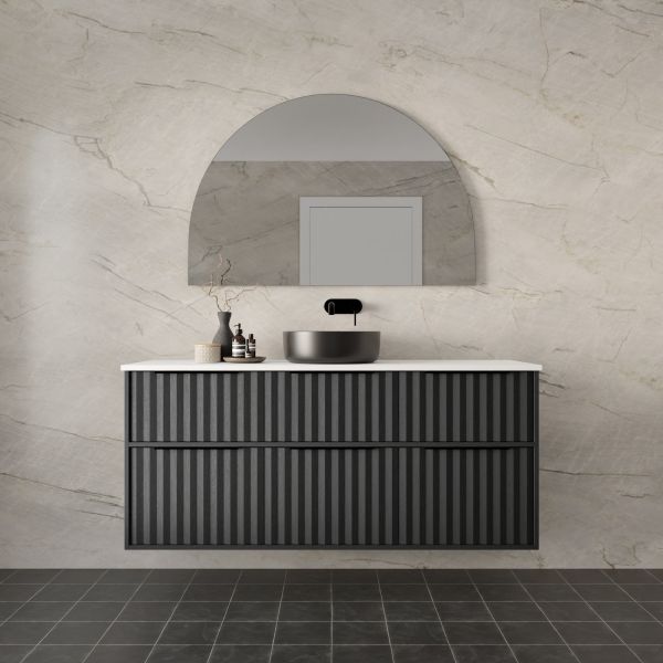 Marquis Salamander wall hung vanity in dark grey with vertical fluted drawers, white benchtop and round basin