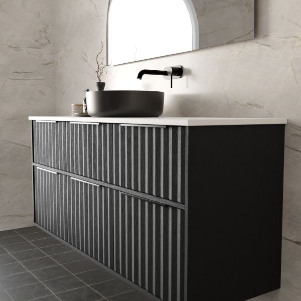 Marquis Salamander wall hung vanity in black, shown in a bathroom with fluted drawer fronts, white top and round black basin