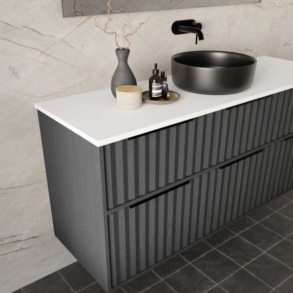 Marquis Salamander wall hung vanity in dark woodgrain with white top and black basin, angled bathroom view