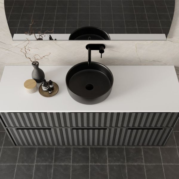 Marquis Salamander wall hung vanity in black striped finish, with white top and round black basin, front view