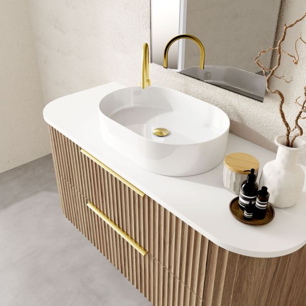 Marquis Shore 2 drawer wall hung vanity with white solid surface top, oval basin and fluted woodgrain finish