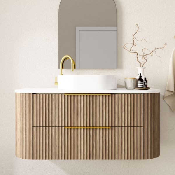Marquis Shore wall hung vanity with fluted woodgrain drawers, white solid surface top and basin, front view