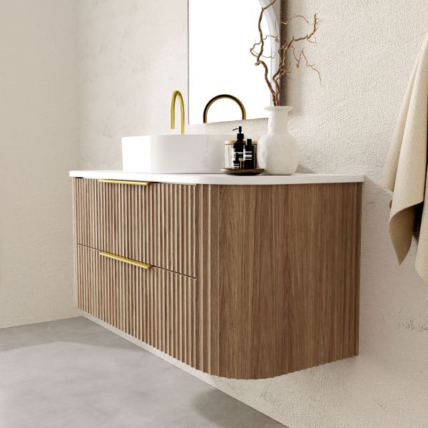 Marquis Shore wall hung vanity with fluted woodgrain drawers, white solid surface top and basin, brushed brass handles
