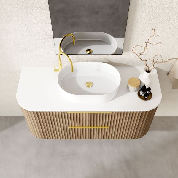 Marquis Shore wall hung vanity with white solid surface top, oval basin and fluted woodgrain drawers, front view