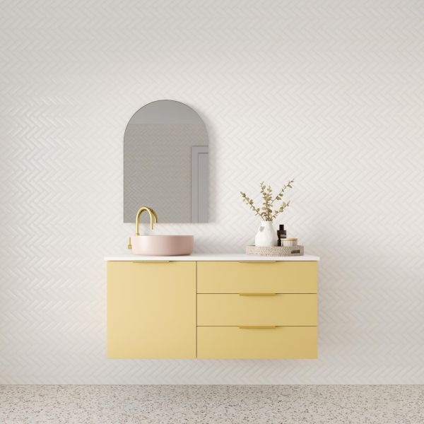 Marquis Shortland wall hung vanity with white top and pink round basin, yellow finish, open shelf and mirror