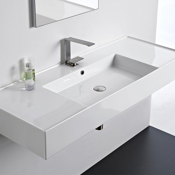 ADP Teorema white wall-hung rectangular ceramic basin with left-hand bowl and single tap hole
