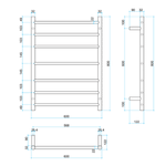Thermogroup brushed stainless steel heated towel rail technical drawing, round ladder design, 600mm wide with 7 bars and dimensions shown