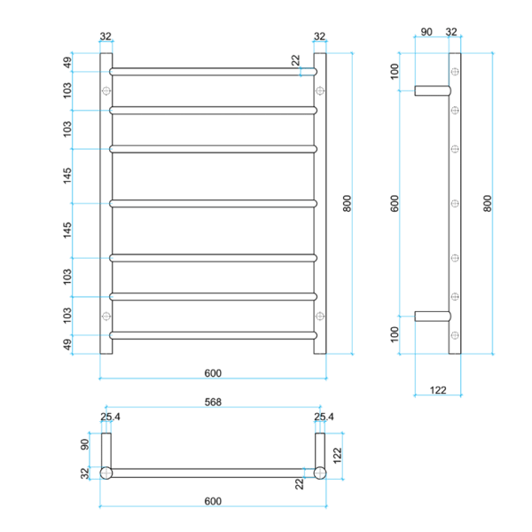 Thermogroup brushed stainless steel heated towel rail technical drawing, round ladder design, 600mm wide with 7 bars and dimensions shown