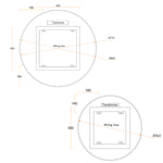 Technical drawing of Thermogroup Ablaze Premium RS round back-lit mirror, showing 900mm and 600mm dimensions and wiring area