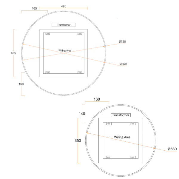 Technical drawing of Thermogroup Ablaze Premium RS round back-lit mirror, showing 900mm and 600mm dimensions and wiring area