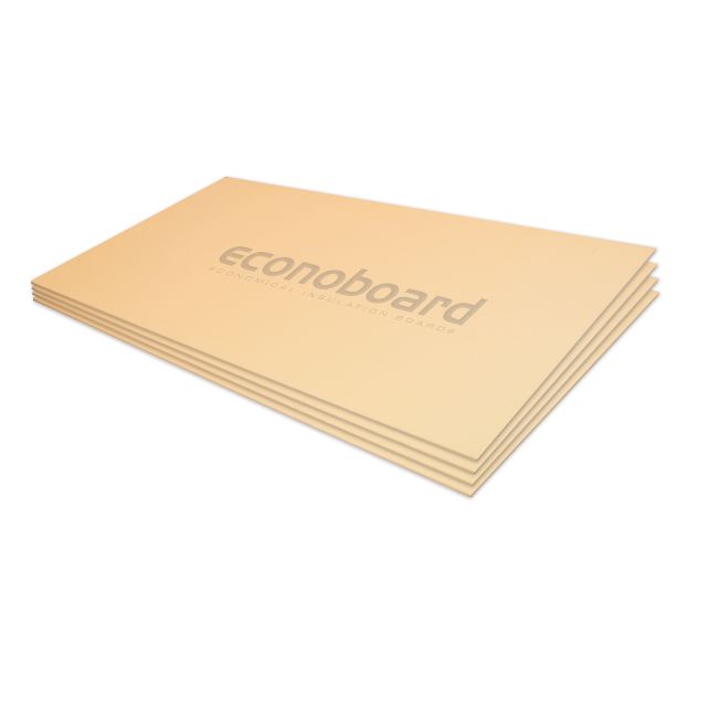 Thermogroup Econoboard uncoated thermal insulation boards, beige stack of 6mm underfloor heating panels on white background