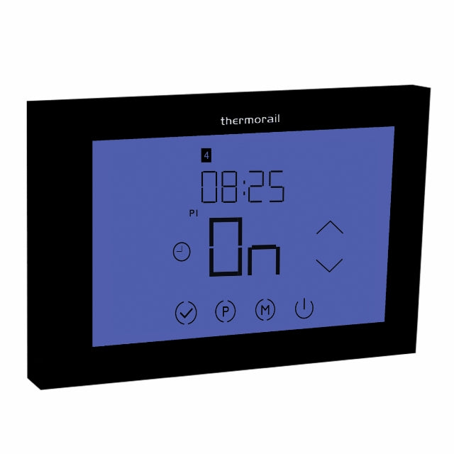 Thermorail touch screen 7 day timer, black landscape wall unit with blue display and digital controls