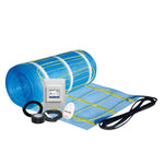 Thermogroup underfloor heating kit with blue mesh mat, Wi-Fi thermostat and sensor on white background