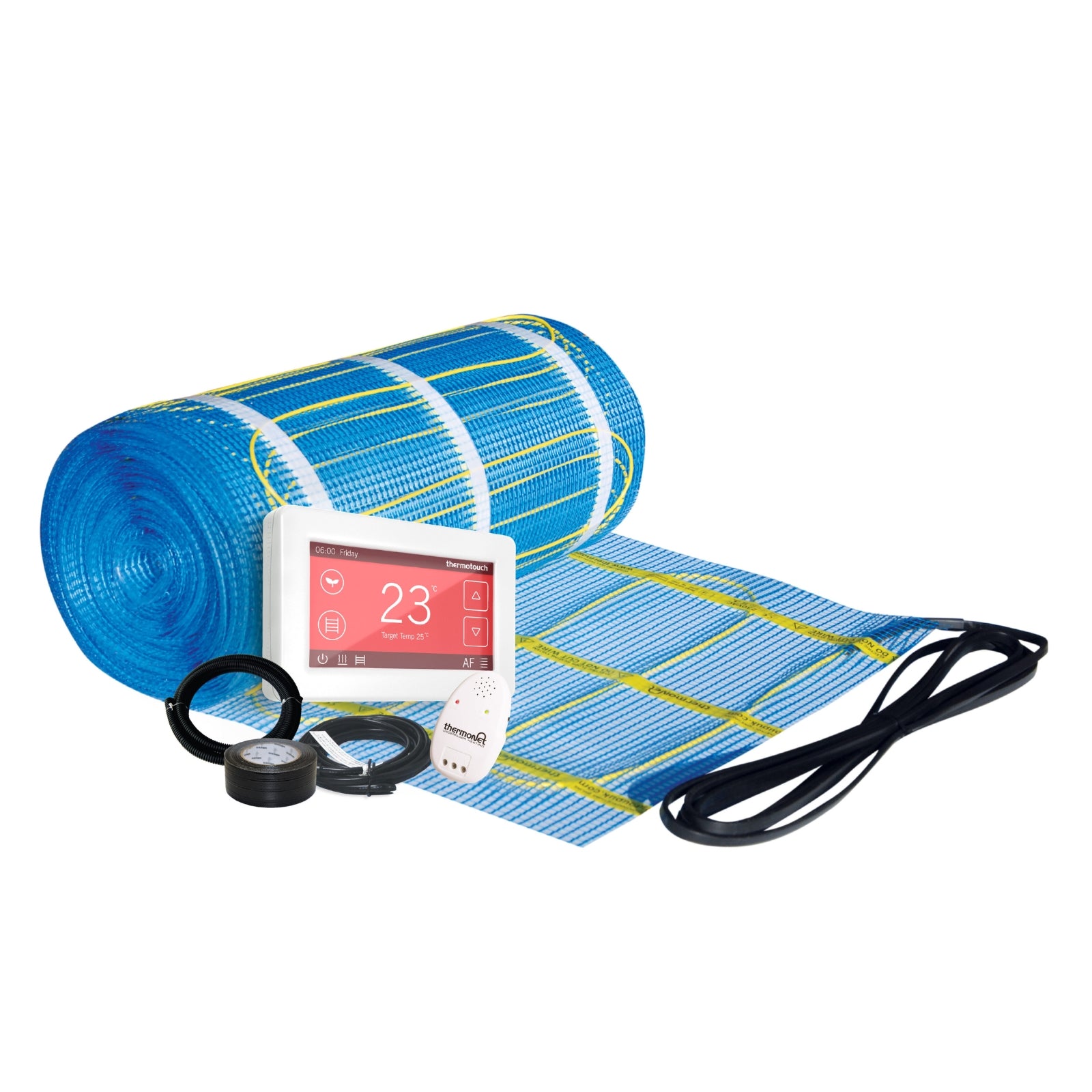 Thermogroup underfloor heating kit with blue mesh mat, white dual controller, sensor and cable on white background