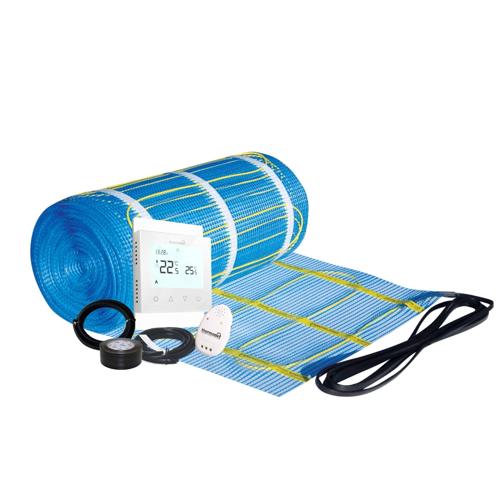 Thermogroup underfloor heating kit with blue mat, white thermostat, sensor and cable on white background