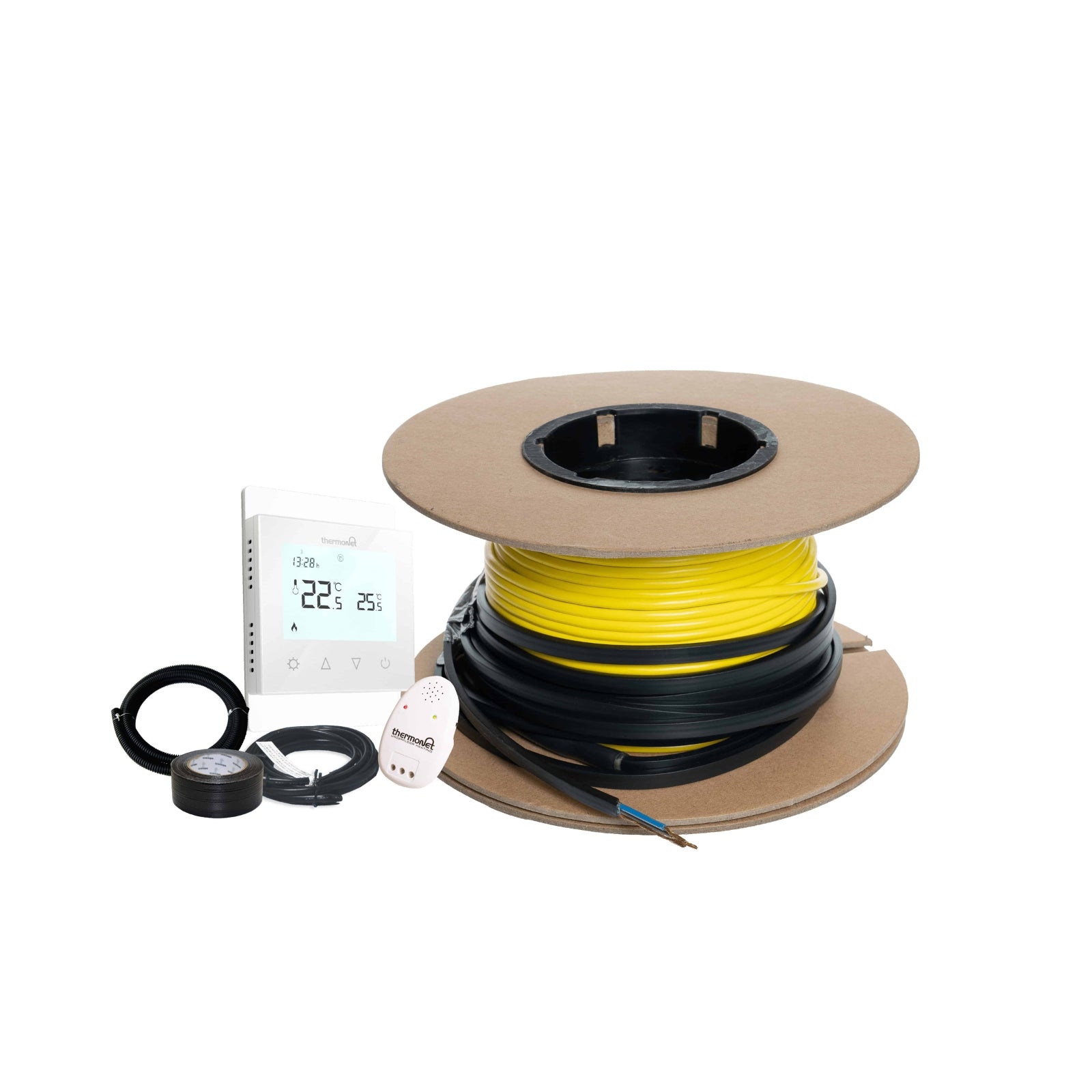 Thermogroup Thermowire underfloor heating kit with white programmable thermostat, cable spool, sensor and tape