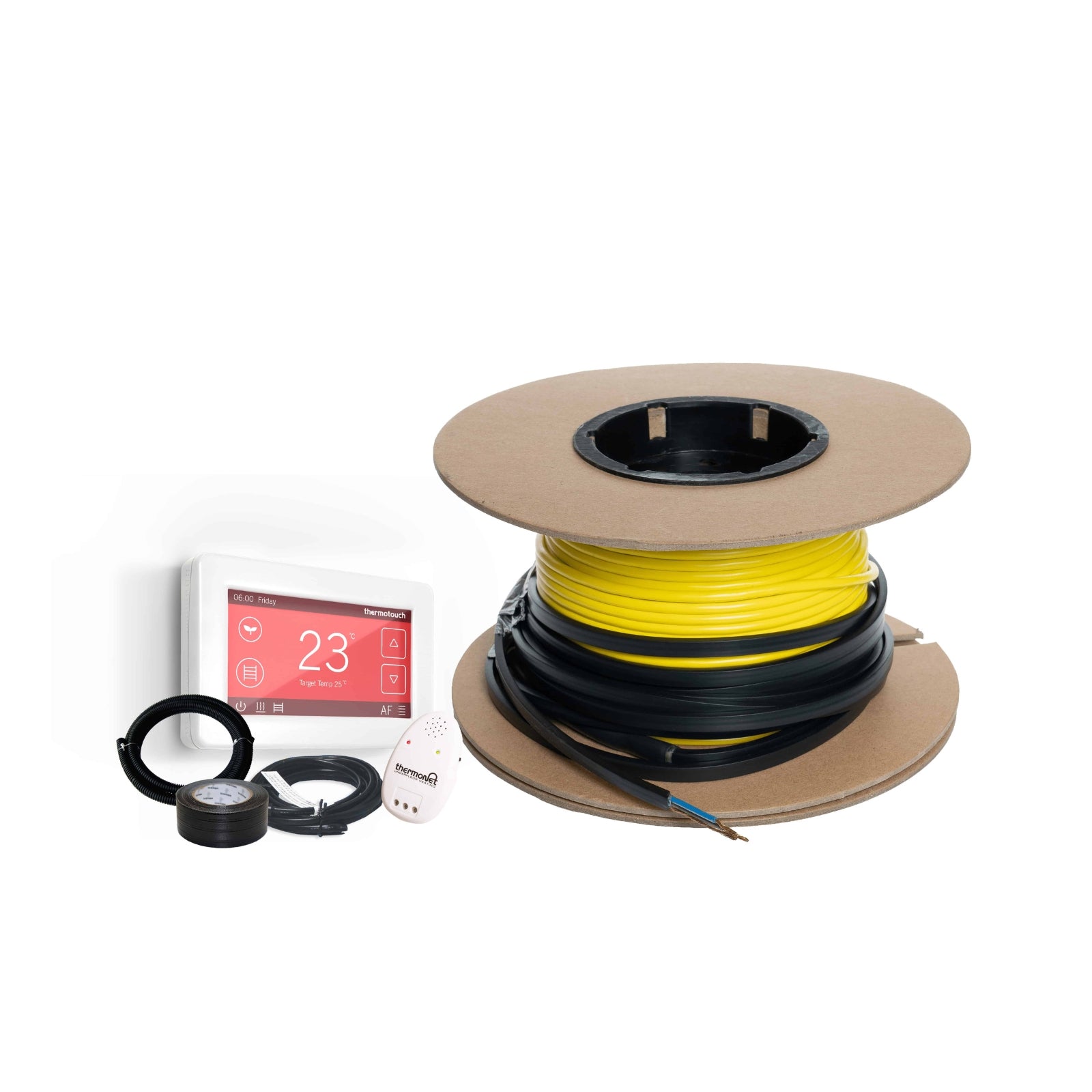 Thermogroup Thermowire underfloor heating kit with white dual thermostat, cable spool, sensor and accessories on white background
