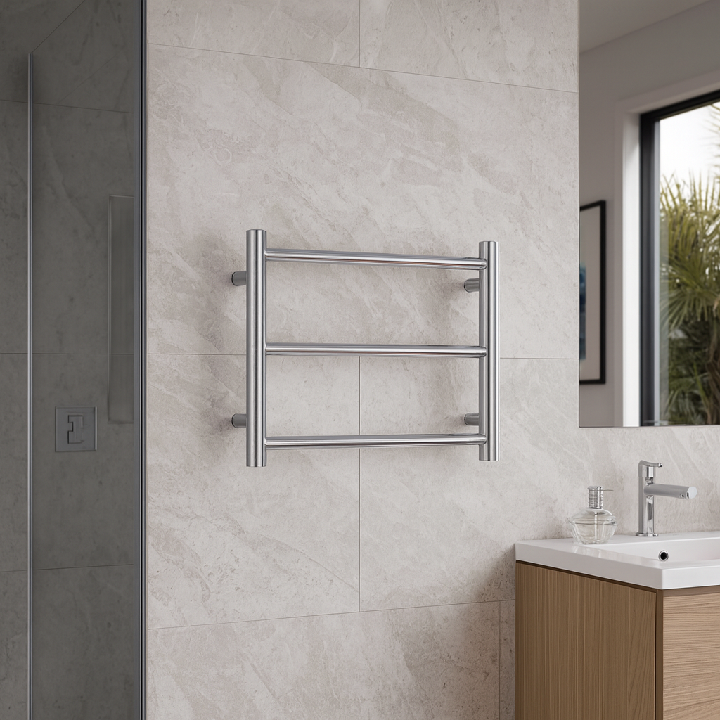 Thermogroup chrome 3 bar heated towel ladder mounted on a light tiled bathroom wall beside a vanity sink
