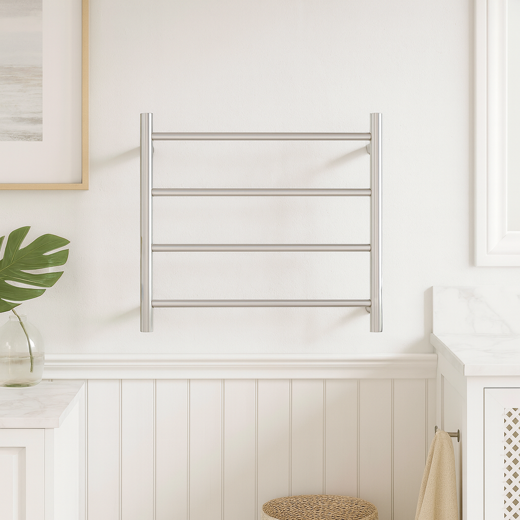 Thermogroup polished stainless round 4-bar heated towel ladder mounted on a white bathroom wall