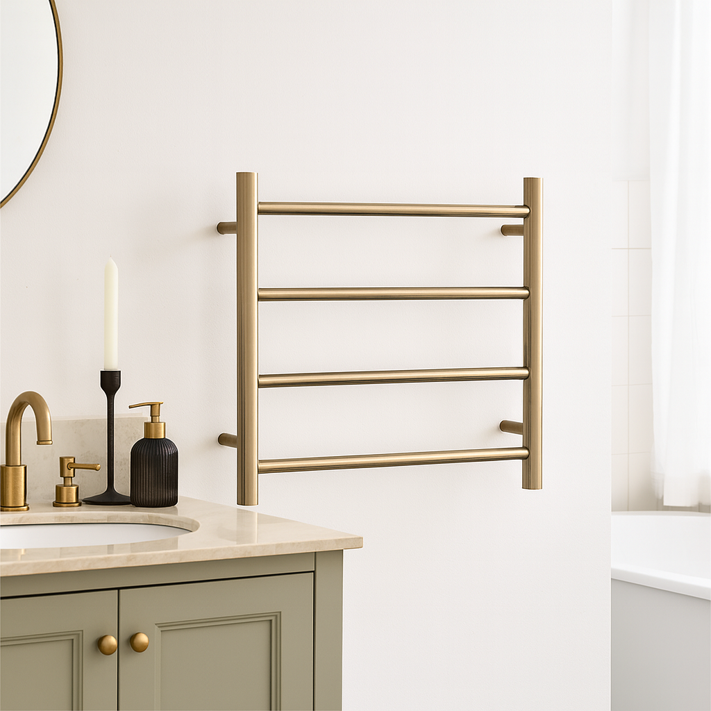 Thermogroup 4-bar heated towel ladder in brushed brass, wall-mounted in a bathroom beside a vanity and basin