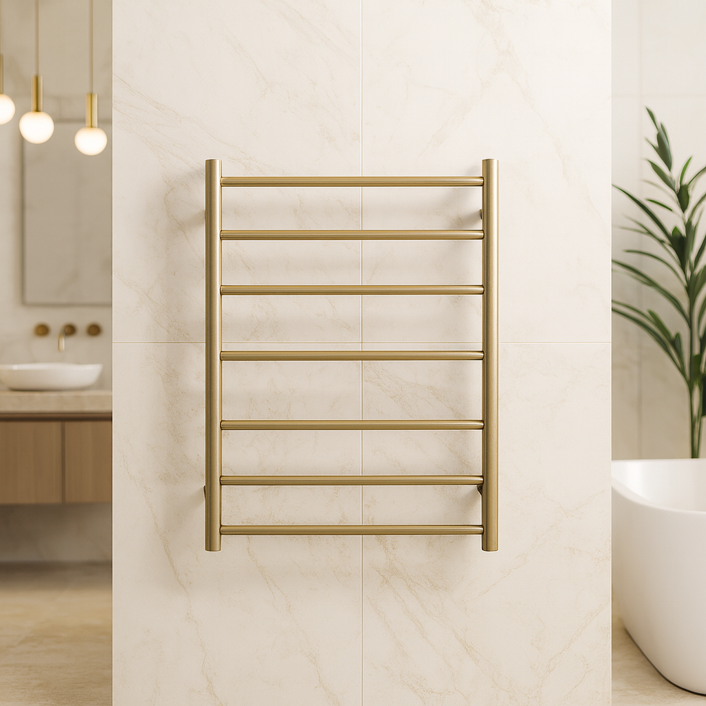 Thermogroup 7-bar heated towel ladder in brushed brass, mounted on a cream bathroom wall