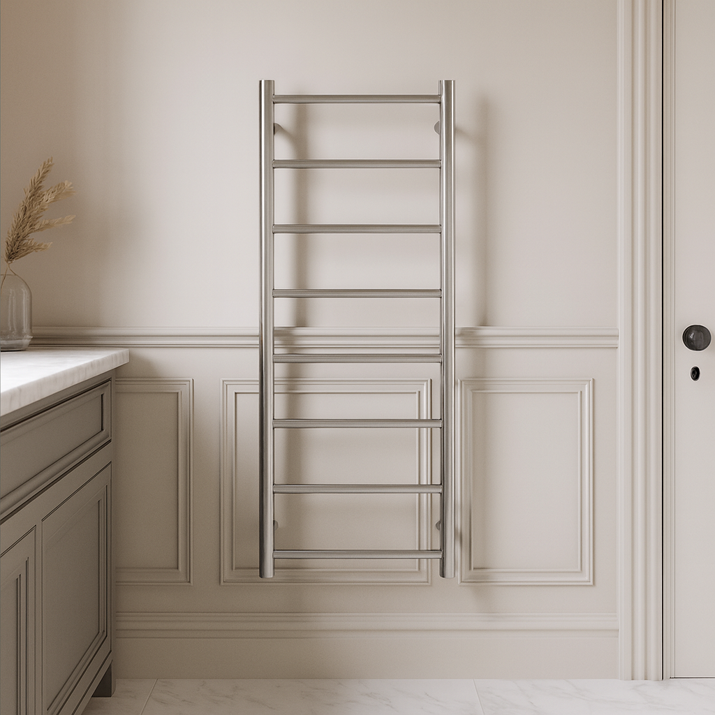 Thermogroup polished stainless steel heated towel ladder with 8 bars, wall-mounted in a bathroom setting