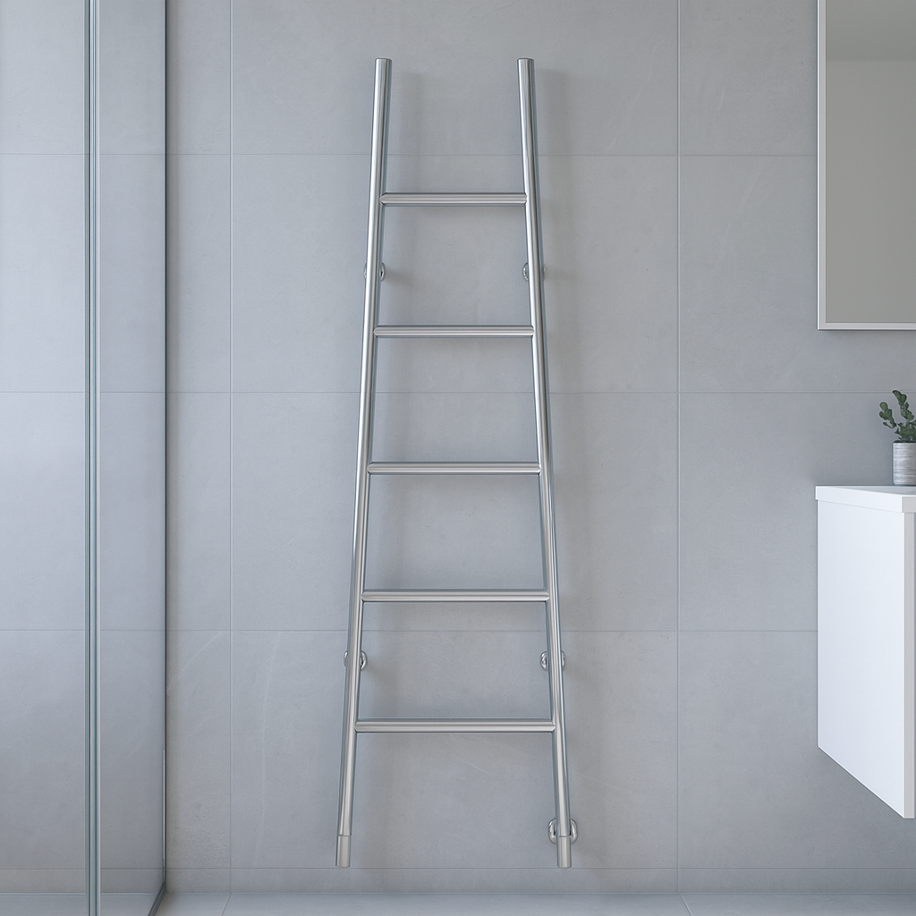 Thermogroup Jeeves Tangent L chrome heated towel rail, tapered ladder design mounted on a tiled bathroom wall