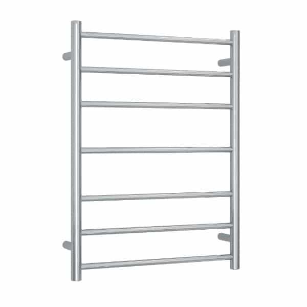 Thermogroup polished stainless steel heated towel ladder, 7-bar, round rails, 600mm wide, wall-mounted