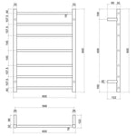 Technical drawing of a Thermogroup 7-bar heated towel rail, white satin, 600mm wide x 800mm high, with side and front dimensions.