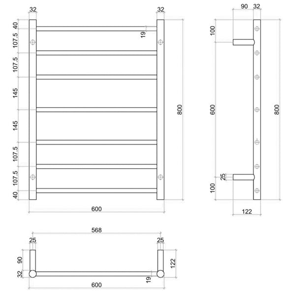 Technical drawing of a Thermogroup 7-bar heated towel rail, white satin, 600mm wide x 800mm high, with side and front dimensions.