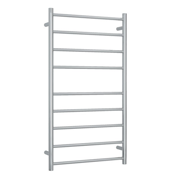 Thermogroup polished stainless steel heated towel ladder, 9-bar round design, front view on white background