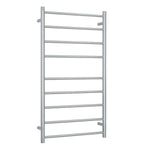 Thermogroup polished stainless steel heated towel ladder, 9-bar round design, front view on white background
