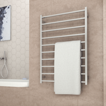 Thermogroup polished stainless steel 10-bar heated towel rail on a tiled bathroom wall, holding a white towel