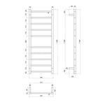 Thermogroup 10 bar heated towel ladder technical drawing, matte black straight round rail, 450mm wide x 1200mm high, front and side views