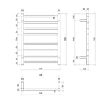 Technical drawing of Thermogroup 8 bar heated towel ladder, 530mm wide x 700mm high, polished stainless steel