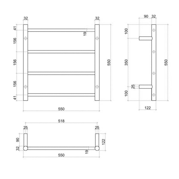 Technical drawing of Thermogroup 4-bar polished stainless round heated towel ladder, 550mm square dimensions with measurements shown