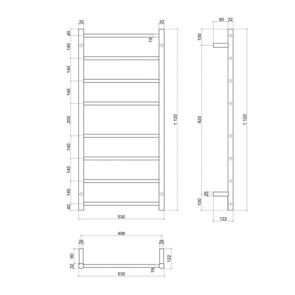 Thermogroup 8 bar heated towel ladder technical drawing, polished stainless steel, 530mm wide x 1120mm high, side and front views