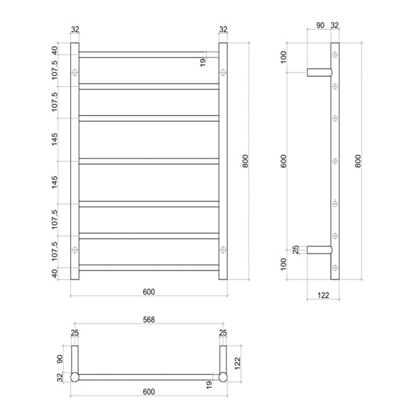 Thermogroup 7 bar heated towel rail matte black 600mm technical drawing, front and side views with dimensions