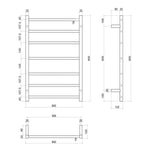 Thermogroup 7 bar heated towel rail technical drawing in polished stainless steel, 600mm wide x 800mm high
