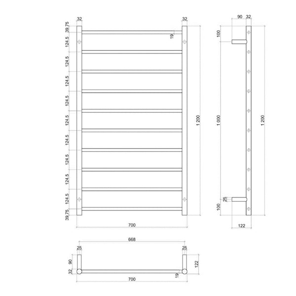 Technical drawing of Thermogroup matte black 10-bar round heated towel rail, showing 700 x 1200mm dimensions